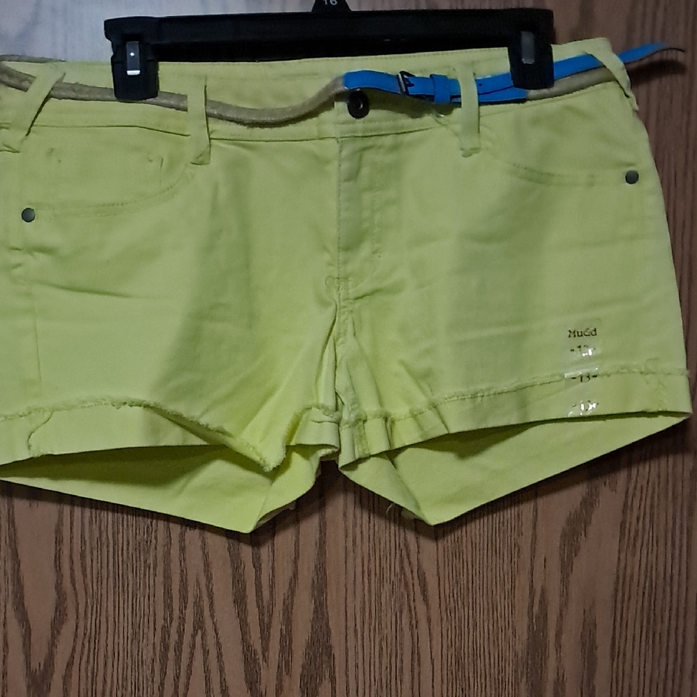 Mudd Neon Yellow Denim Cutoff Shorts with Blue Belt